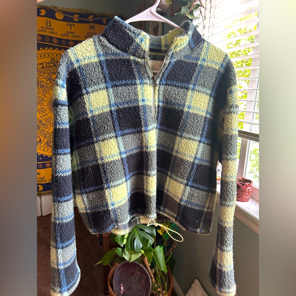 American Eagle cropped and adjustable furry sweater.